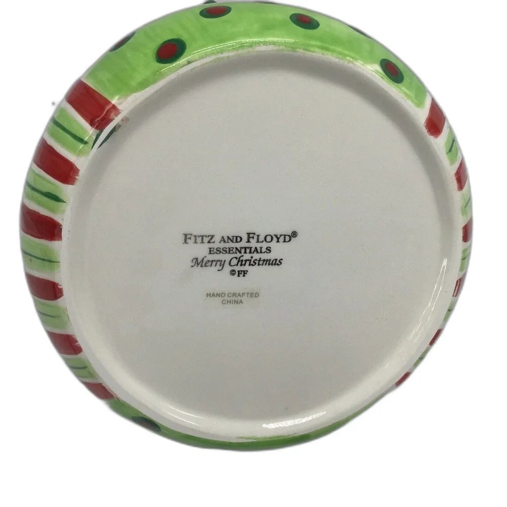 Fitz Floyd Ceramic Santa Bowl Candy Dish With Box Green Stripe Christmas